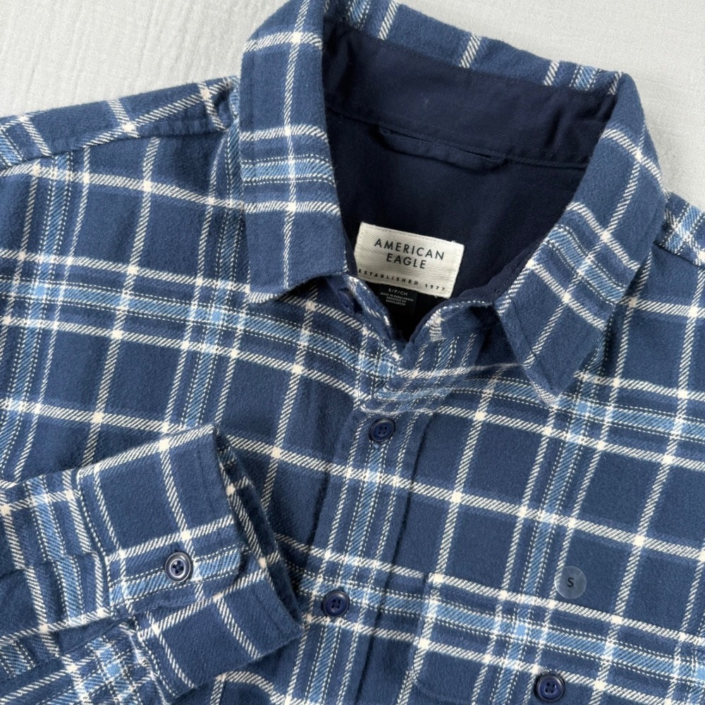 American Eagle Men Plaid‎ Flannel Shirt Thick L/S Button Up Blue White Size S
